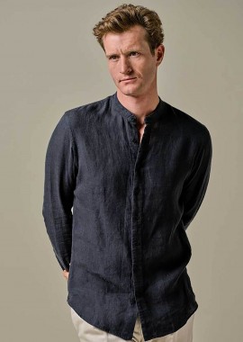 PROFUOMO - Profuomo ανδρικό λινό πουκάμισο μάο μονόχρωμο Slim Fit - PPWH10025B Σκούρο Μπλε