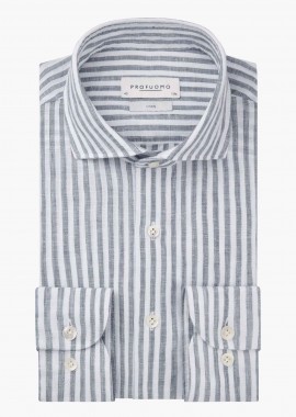 PROFUOMO - Profuomo ανδρικό λινό πουκάμισο με ριγέ σχέδιο Slim Fit - PPXH10018C Σκούρο Μπλε