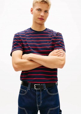 TOMMY JEANS - Tommy Jeans ανδρικό T-shirt ριγέ με λογότυπο Regular Fit - DM0DM22544 Μπλε Σκούρο