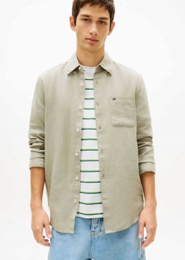 TOMMY JEANS - Tommy Jeans ανδρικό πουκάμισο λινό με λογότυπο Regular Fit - DM0DM22760 Πράσινο Μέντας