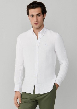 HACKETT - Hackett ανδρικό λινό πουκάμισο button down με κεντημένο λογότυπο Tailored Fit - HM3010635 Λευκό