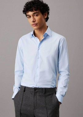 CALVIN KLEIN - Calvin Klein ανδρικό πουκάμισο μονόχρωμο με κεντημένο λογότυπο Fitted - K10K109509 Μπλε Ανοιχτό