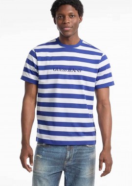 GUESS - Guess ανδρικό T-shirt με ριγέ σχέδιο και λογότυπο Regular Fit - M4YI84K9XF1 Μπλε