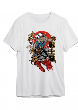 Pop Culture - T-Shirt Cat Samurai Pop Culture White